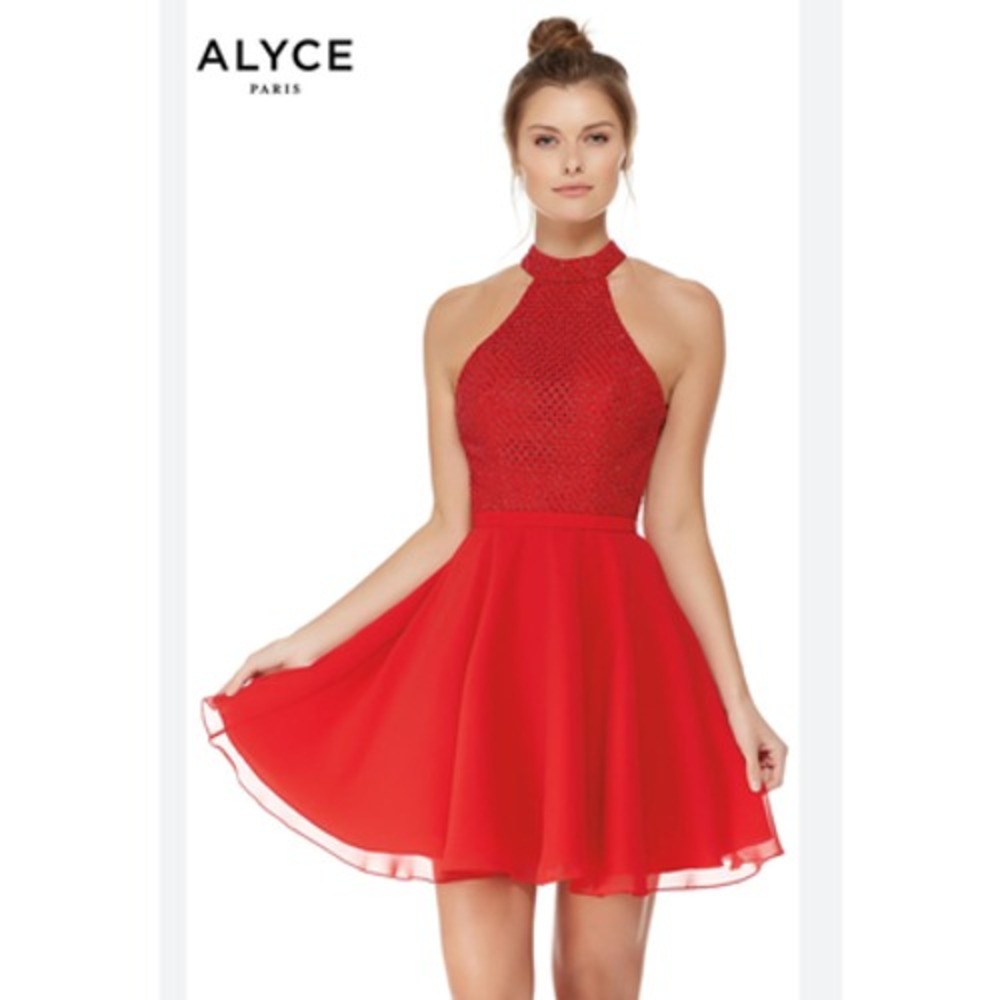 Alyce Paris 4440 Red Beaded Halter Strappy Back Chiffon Homecoming Dress 10
